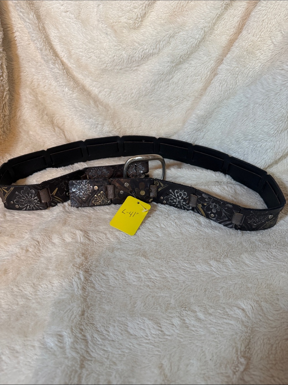 Women's Embossed Floral Leather Belt in Dark Brown